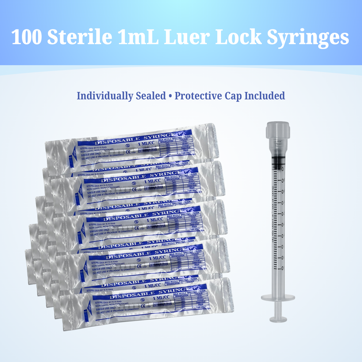 1mL (1cc) Luer Lock Syringe without Needles, Individually Sealed & Sterile - 100 pack