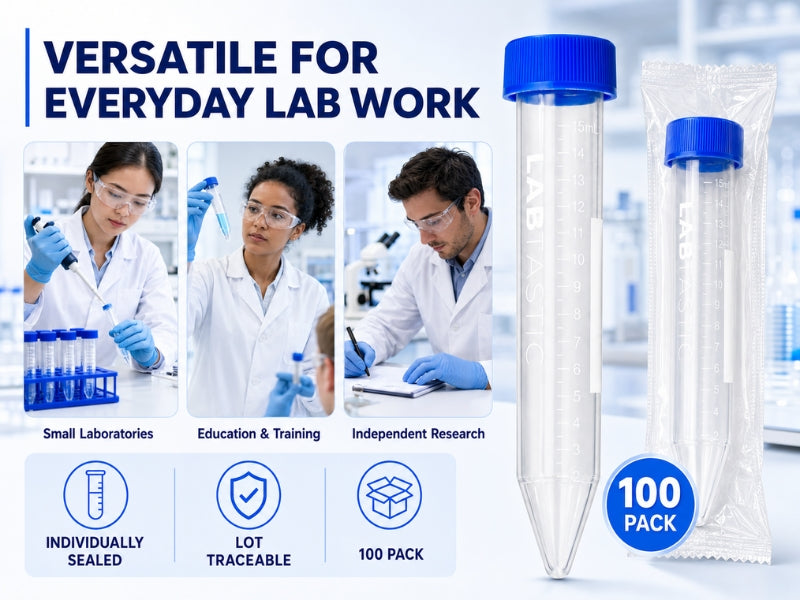 15mL Sterile Conical Centrifuge Tubes, Individually Sealed, LOT Traceable. For Lab, Diagnostic & Research Use. 100 pack