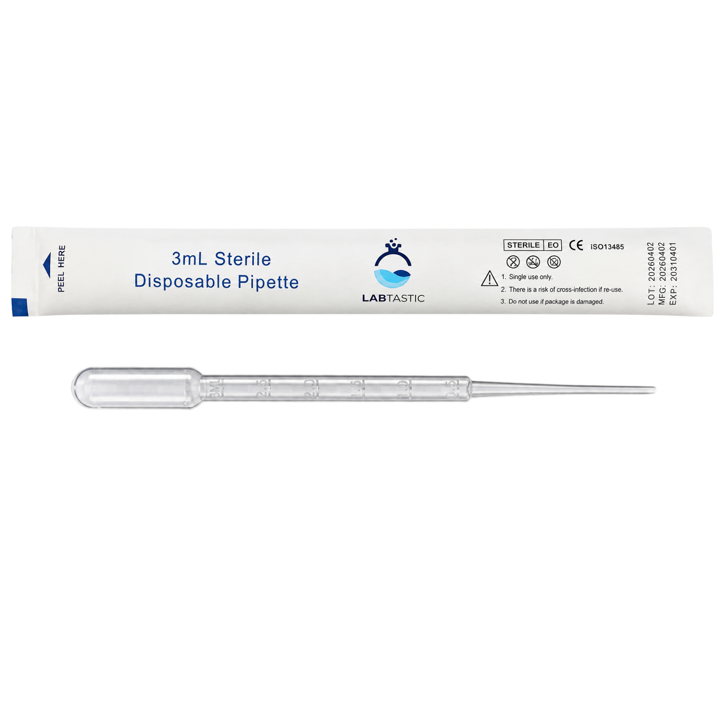 3mL Sterile Transfer Pipettes, 160mm Extra-Long, Individually Wrapped, LOT Traceable, Disposable, 200 Pack