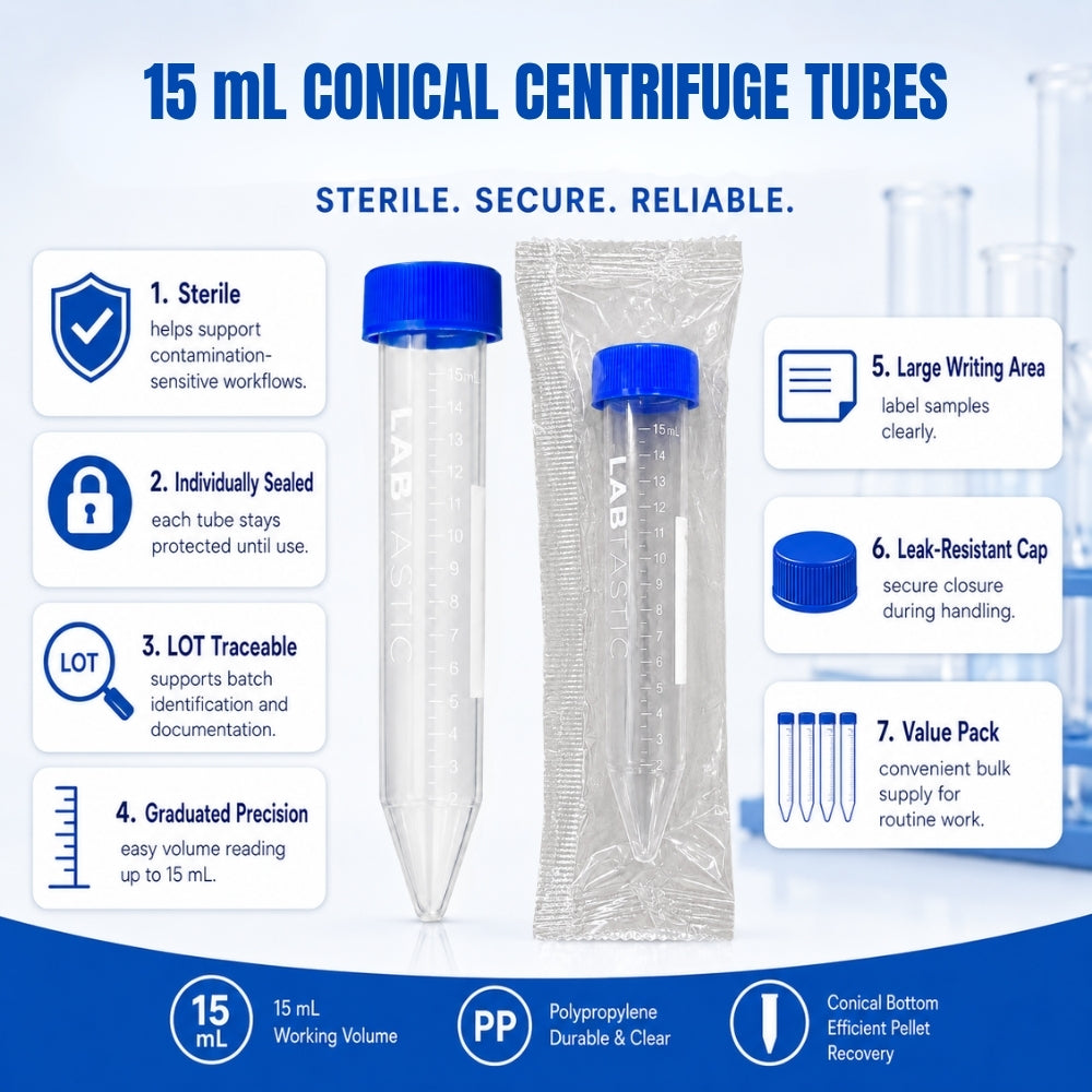 15mL Sterile Conical Centrifuge Tubes, Individually Sealed, LOT Traceable. For Lab, Diagnostic & Research Use. 100 pack