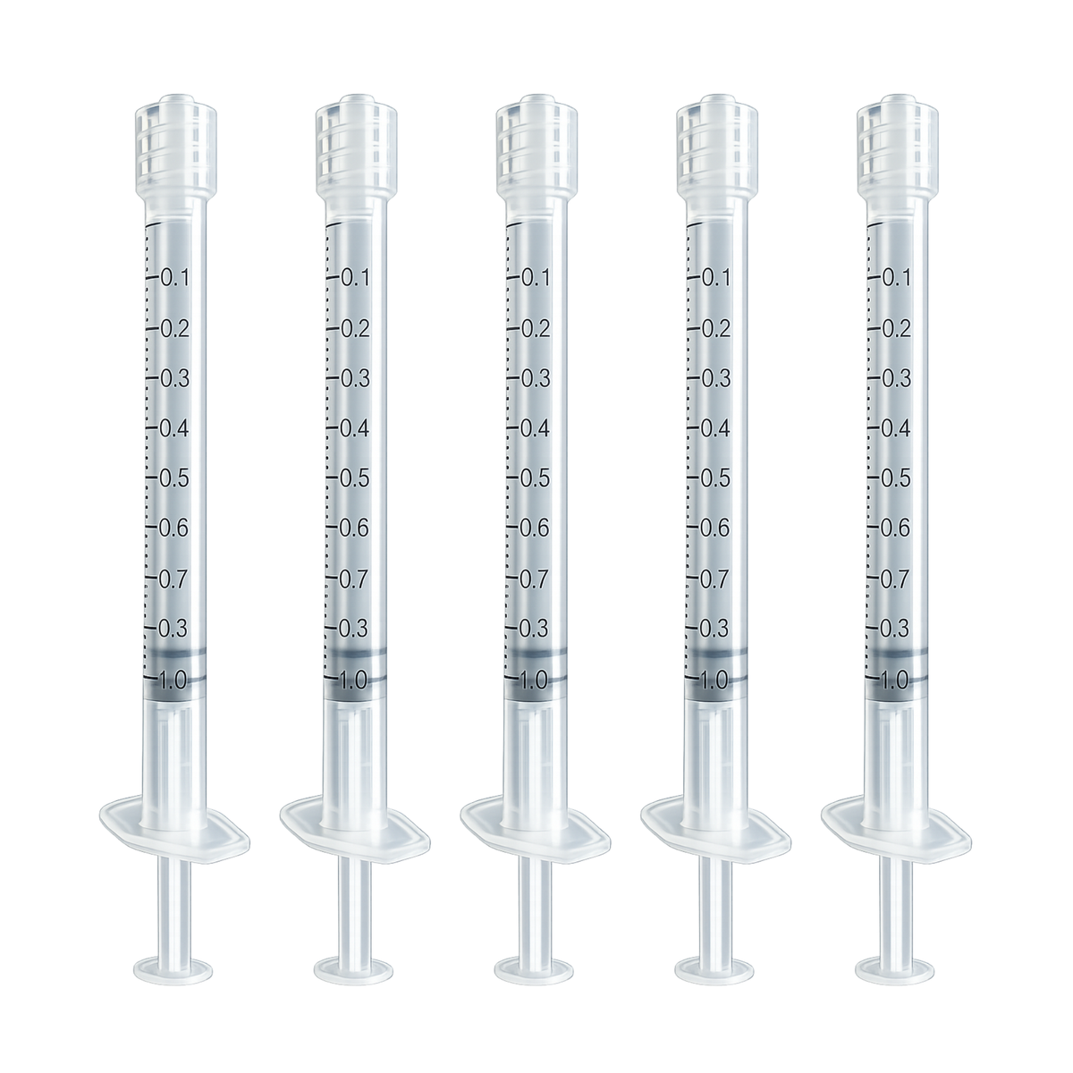 Threaded Luer lock tip on a 1mL (1cc) plastic syringe