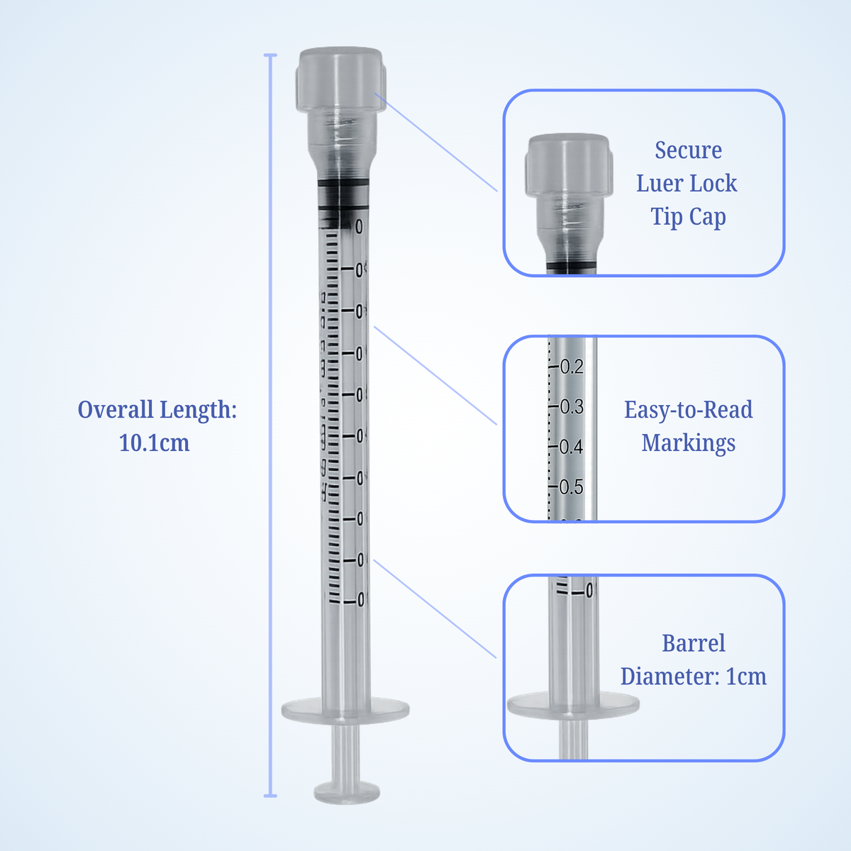 Luer Lock tip cap & Graduation scale on a 1mL lab syringe barrel