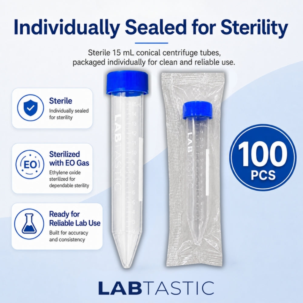 15mL Sterile Conical Centrifuge Tubes, Individually Sealed, LOT Traceable. For Lab, Diagnostic & Research Use. 100 pack